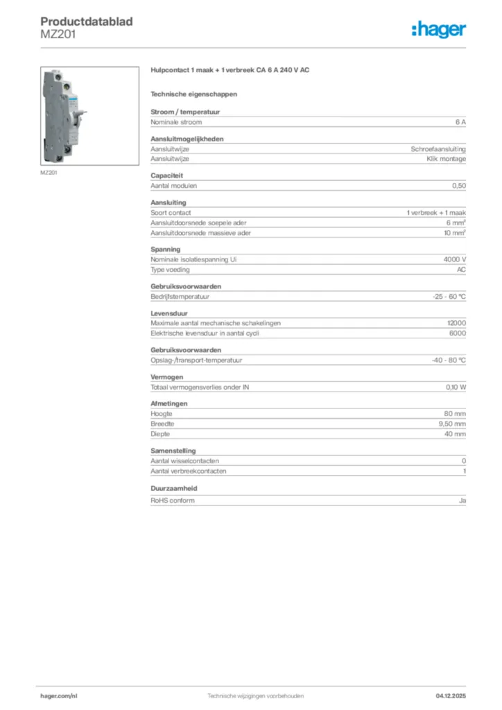 Afbeelding Hager Productdatablad MZ201 | Hager Nederland