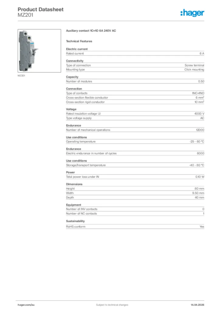 Image Hager Product data sheet MZ201  | Hager Australia