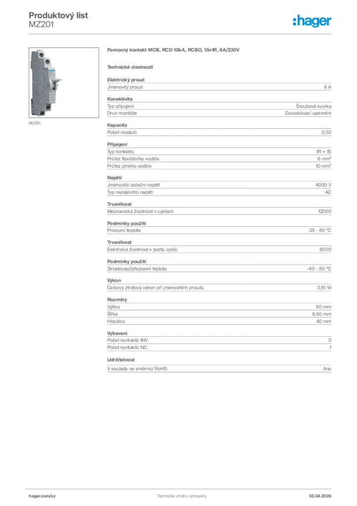 Obrázek Hager Product data sheet MZ201 | Hager
