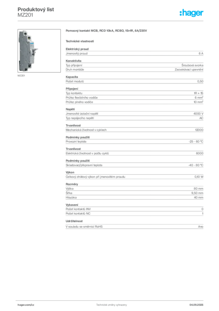Obrázek Hager Produktový list MZ201 | Hager