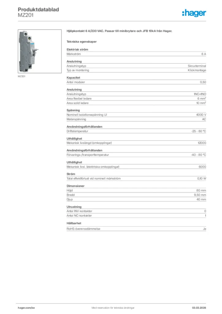 Bild Hager Produktdatablad MZ201 | Hager Sverige