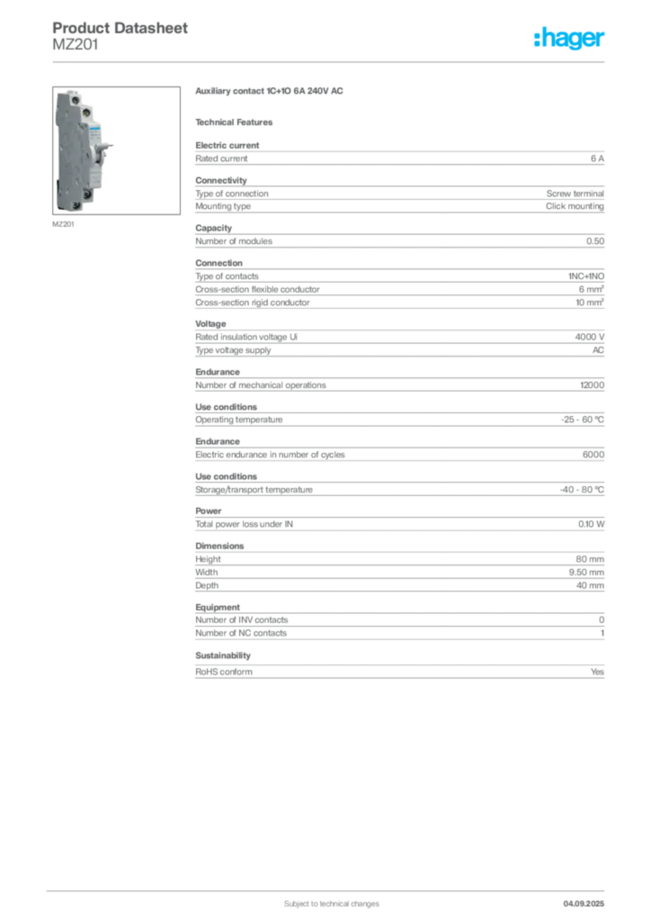 Image Hager Product data sheet MZ201  | Hager