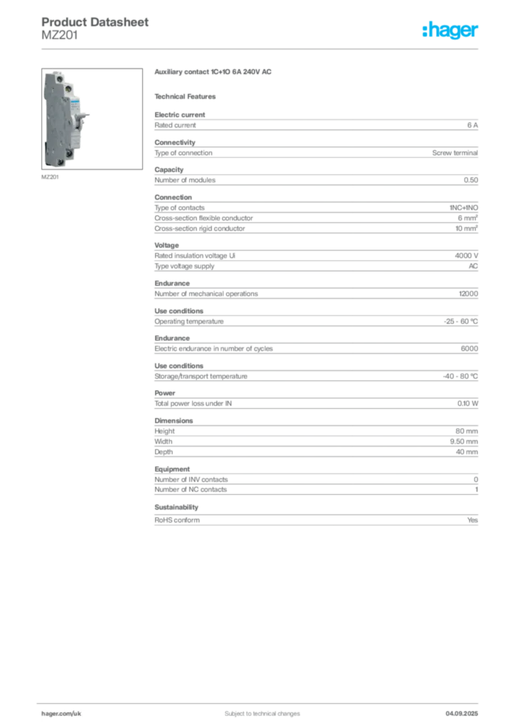 Image Hager Product data sheet MZ201  | Hager