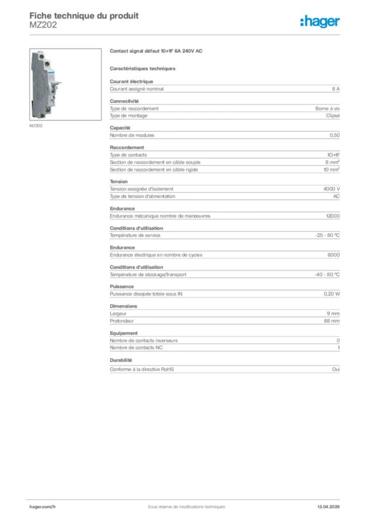 Image Hager Fiche technique du produit MZ202 | Hager France