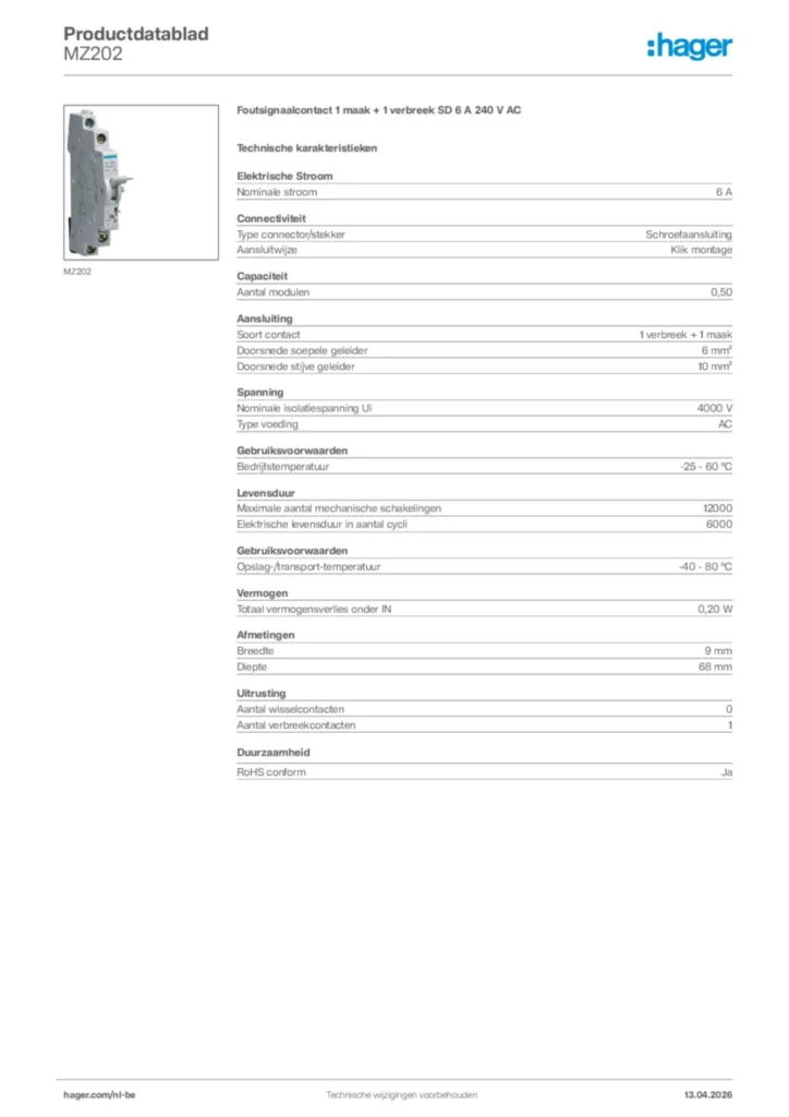 Afbeelding Hager Productdatablad MZ202 | Hager Belgium