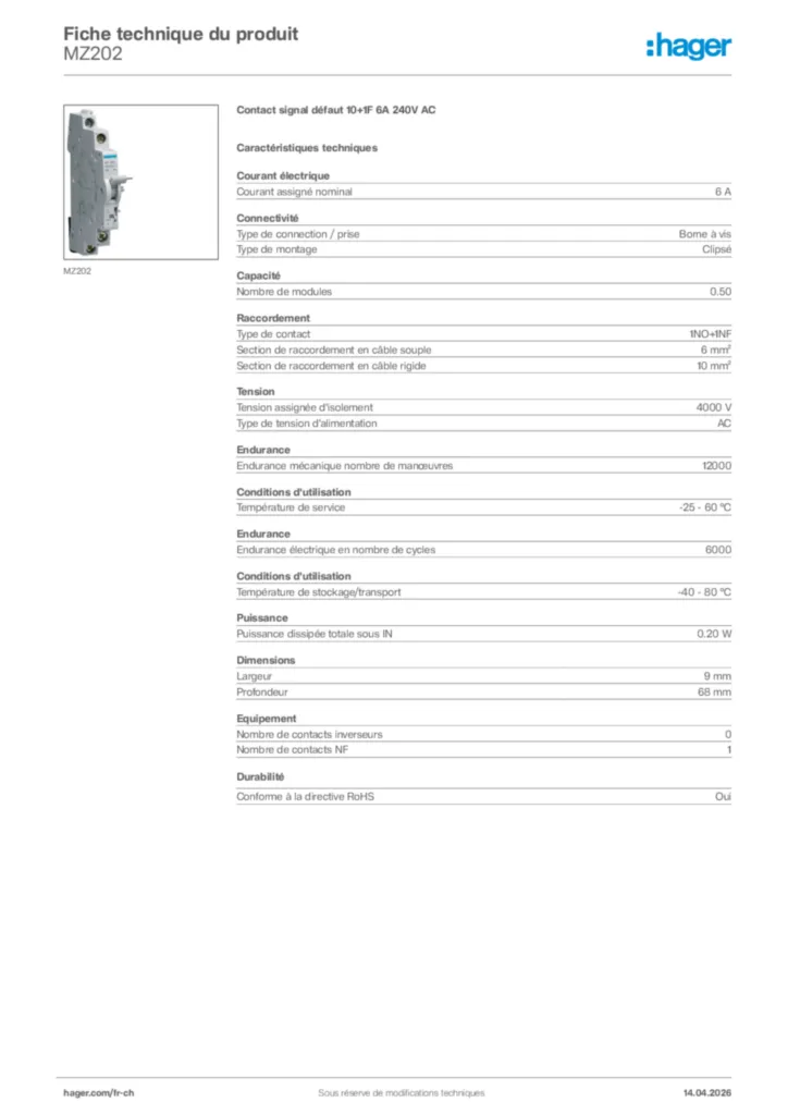 Image Hager Fiche technique du produit MZ202 | Hager Suisse
