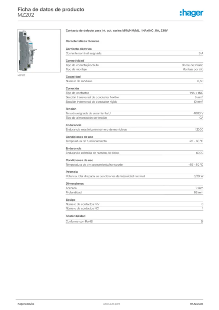 Imagen Hager Ficha de datos de producto MZ202 | Hager España