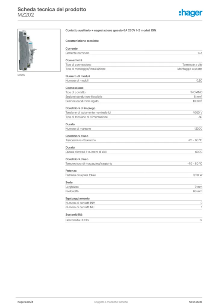Immagine Hager Scheda tecnica del prodotto MZ202 | Hager Italia