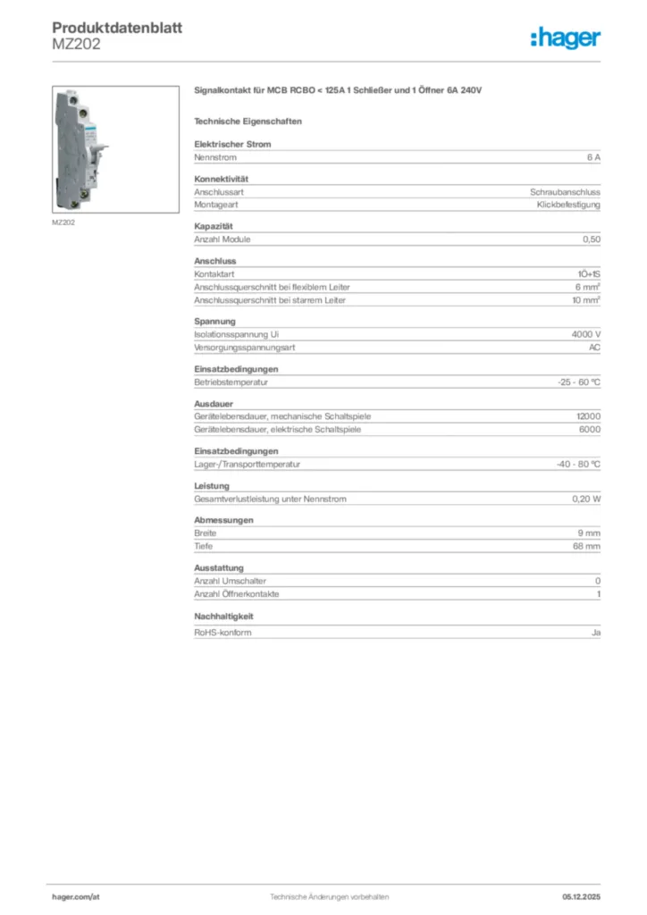 Bild Hager Produktdatenblatt MZ202 | Hager Deutschland
