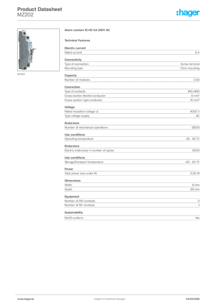 Image Hager Product data sheet MZ202  | Hager