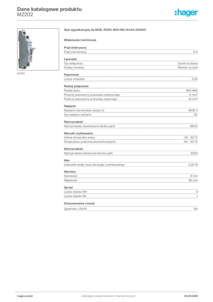 Zdjęcie Hager Dane katalogowe produktu MZ202 | Hager Polska
