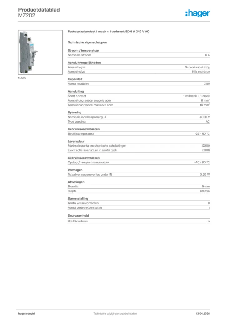 Afbeelding Hager Productdatablad MZ202 | Hager Nederland