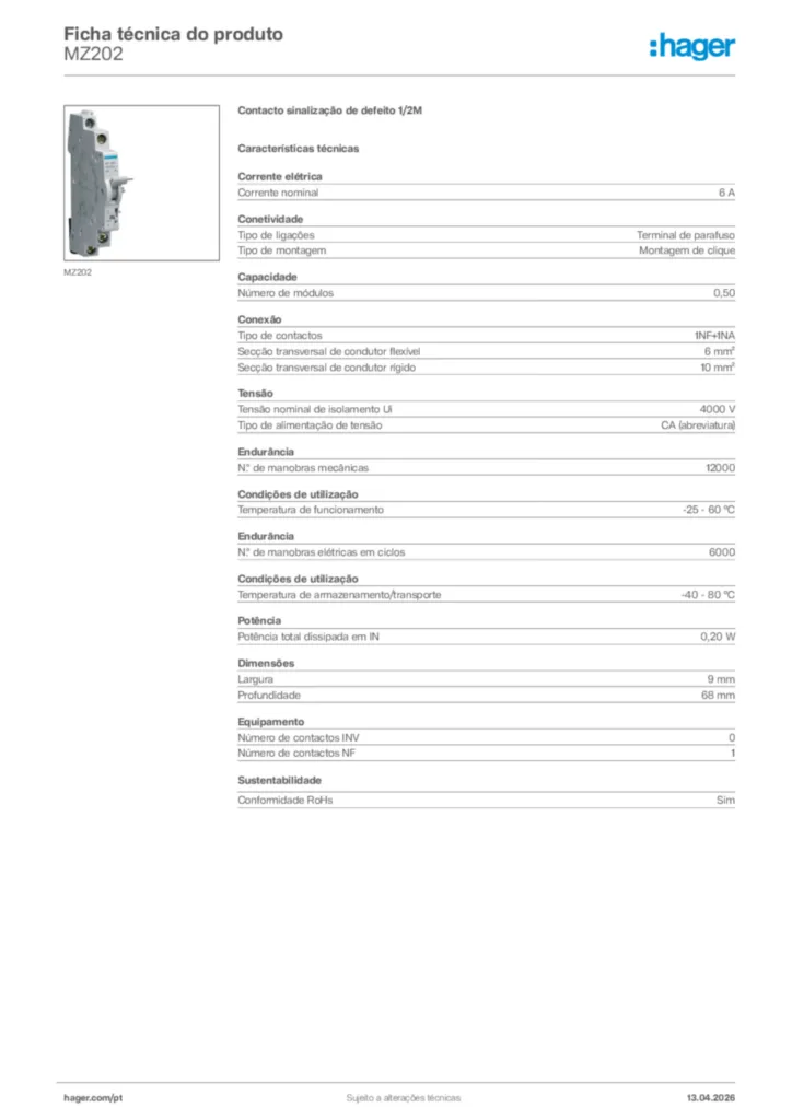Imagem Hager Ficha técnica do produto MZ202 | Hager Portugal