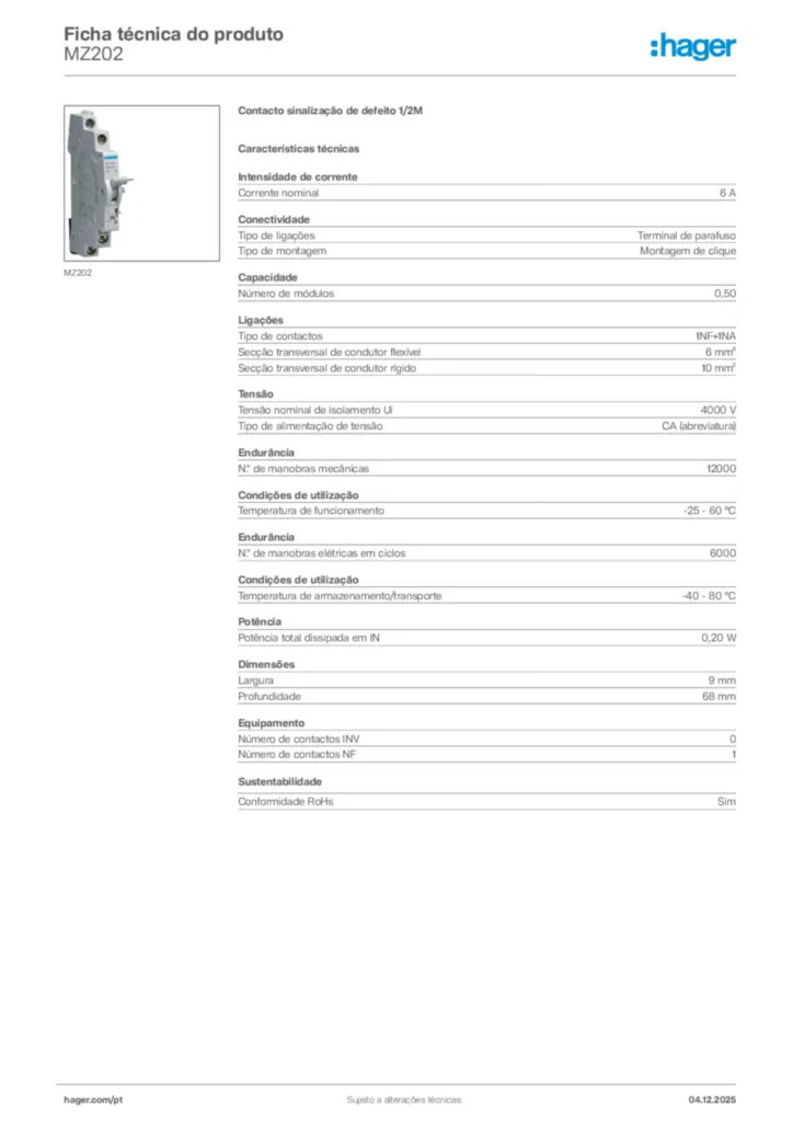 Imagem Hager Ficha técnica do produto MZ202 | Hager Portugal