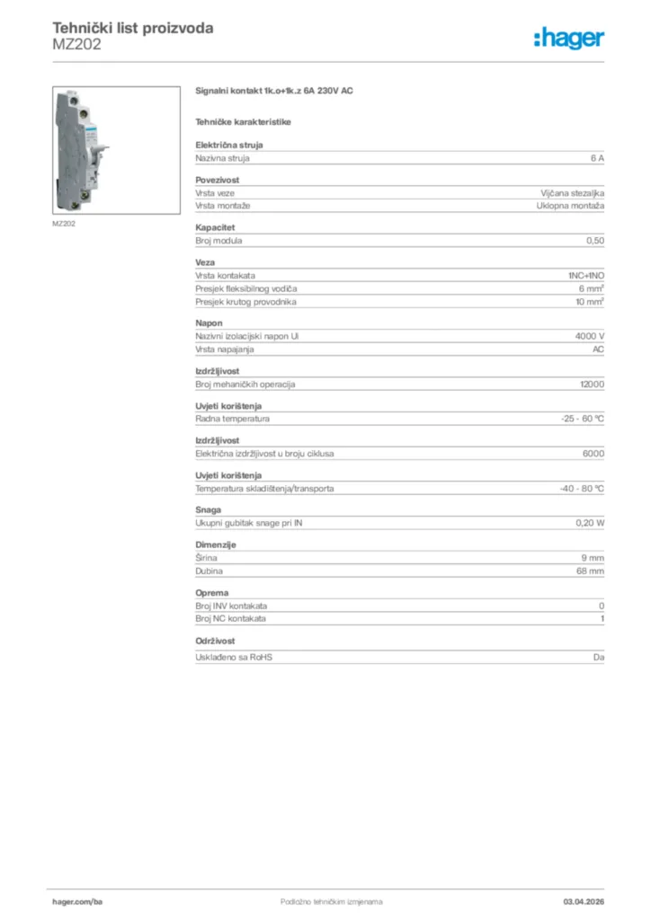 Slika Hager Tehnički list proizvoda MZ202  | Hager