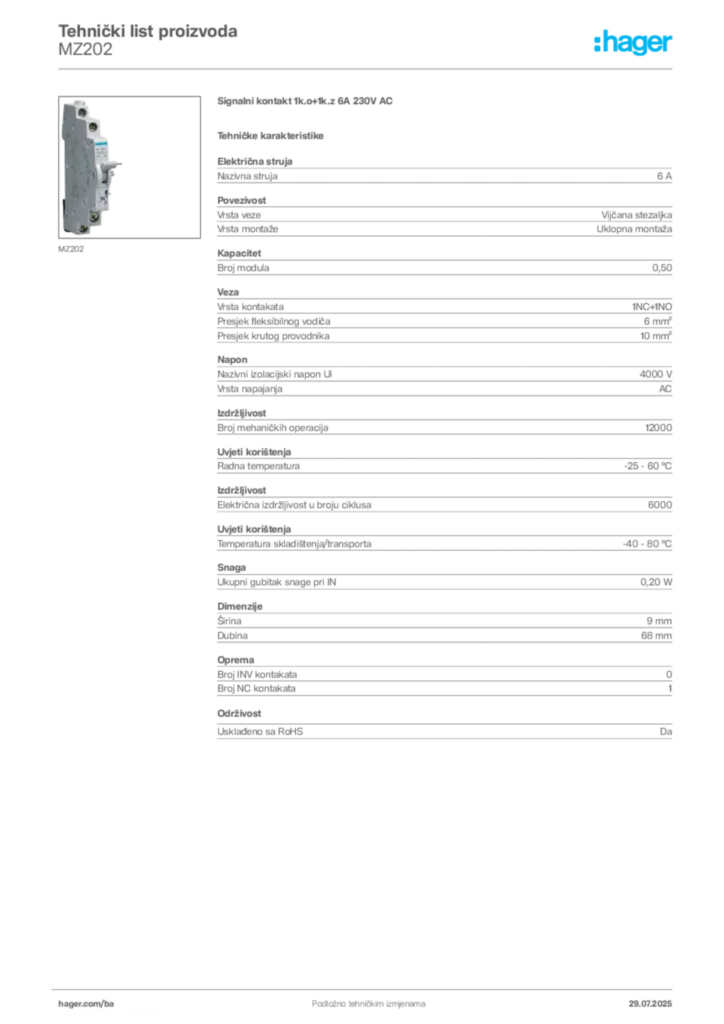 Slika Hager Product data sheet MZ202  | Hager