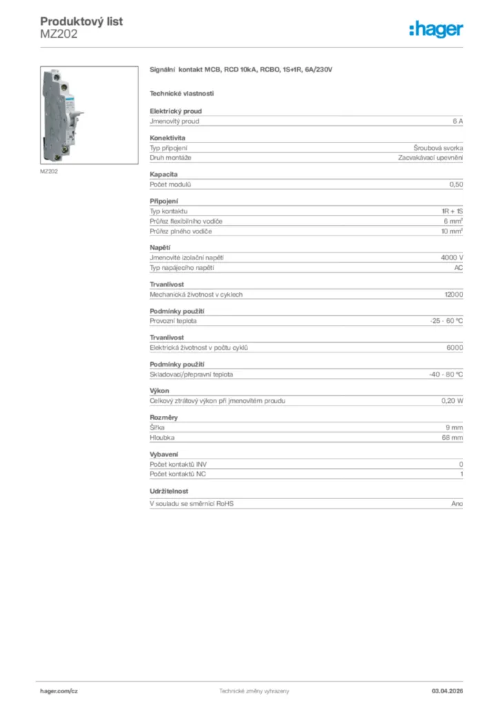 Obrázek Hager Product data sheet MZ202 | Hager