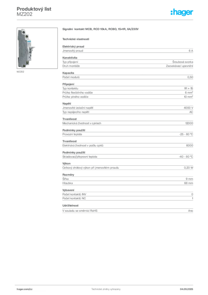 Obrázek Hager Produktový list MZ202 | Hager