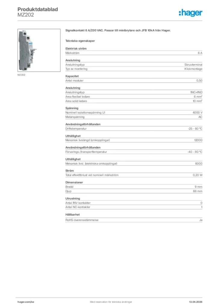 Bild Hager Produktdatablad MZ202 | Hager Sverige