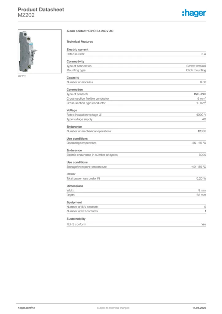 Image Hager Product data sheet MZ202  | Hager New Zealand