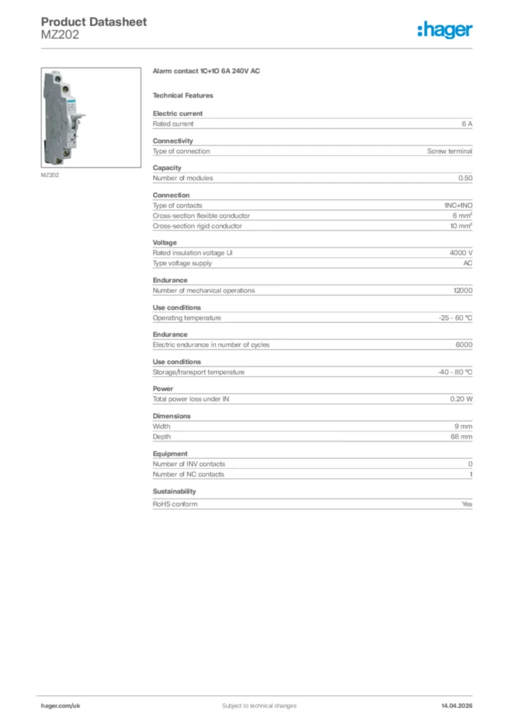 Image Hager Product data sheet MZ202  | Hager