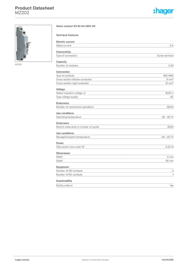 Image Hager Product data sheet MZ202  | Hager