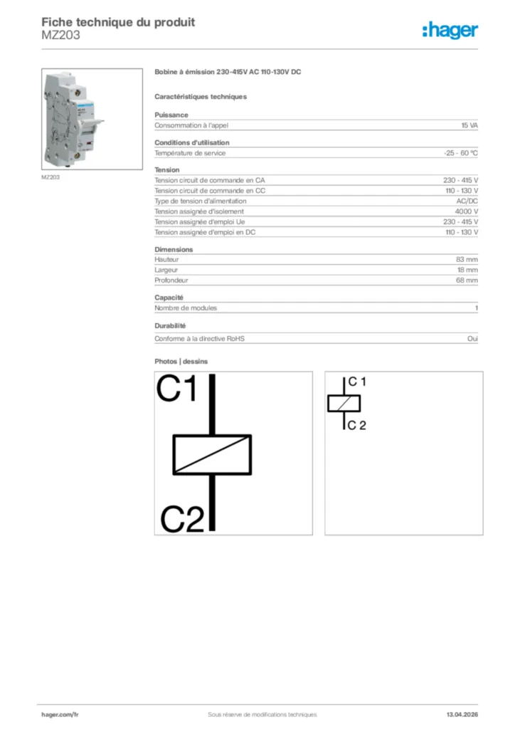 Image Hager Fiche technique du produit MZ203 | Hager France