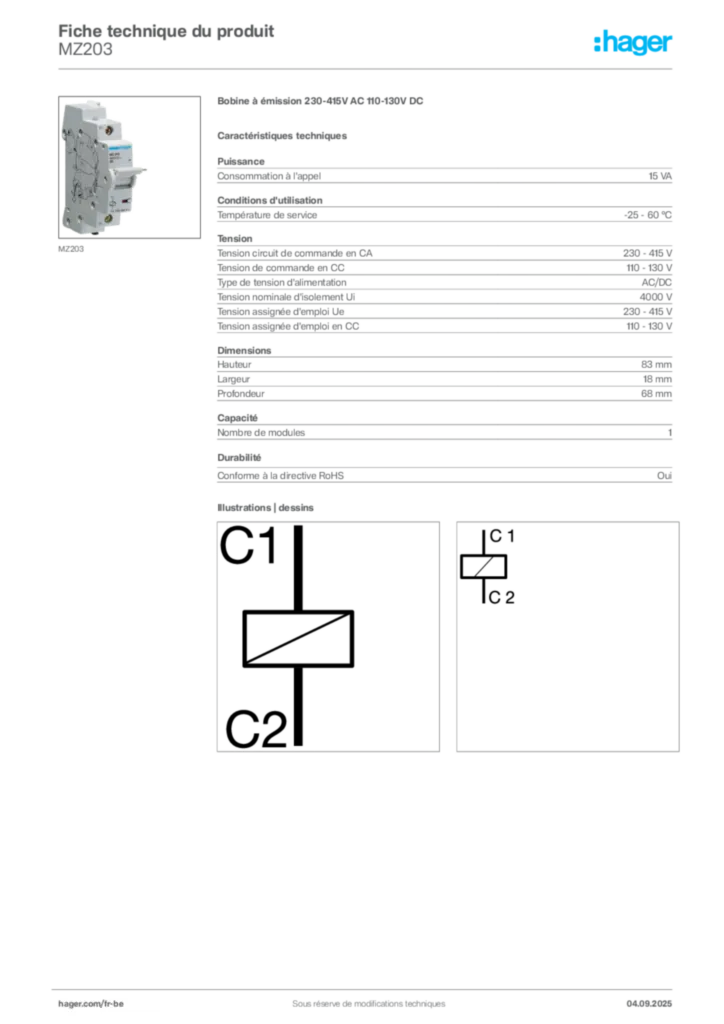 Image Hager Fiche technique du produit MZ203 | Hager Belgique