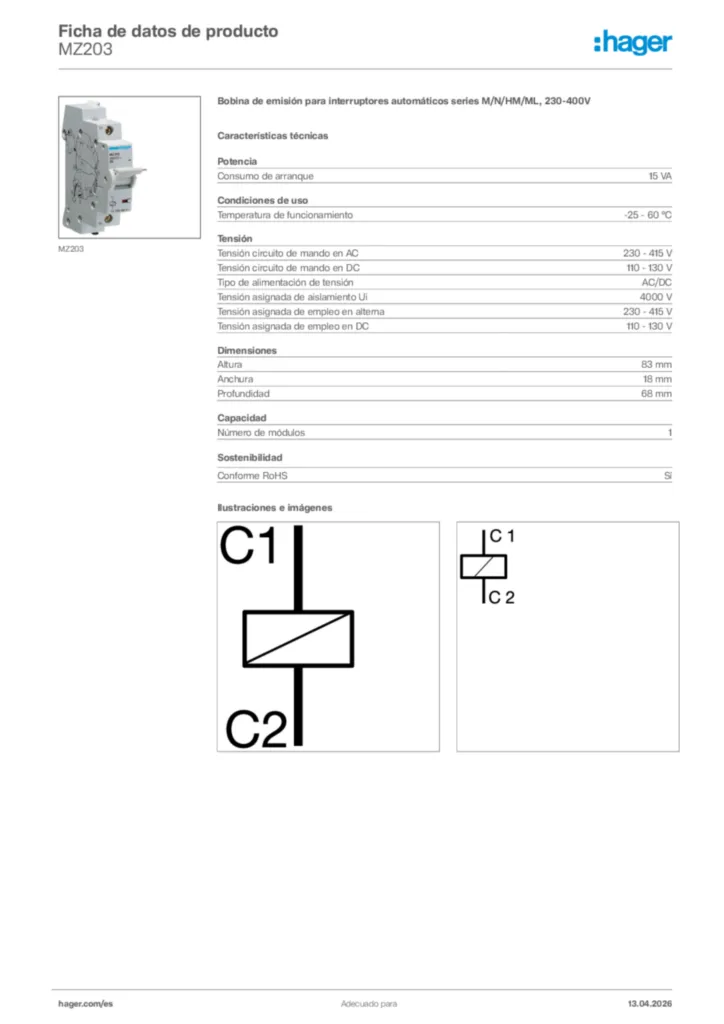 Imagen Hager Ficha de datos de producto MZ203 | Hager España