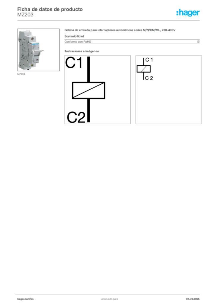 Imagen Hager Ficha de datos de producto MZ203 | Hager España