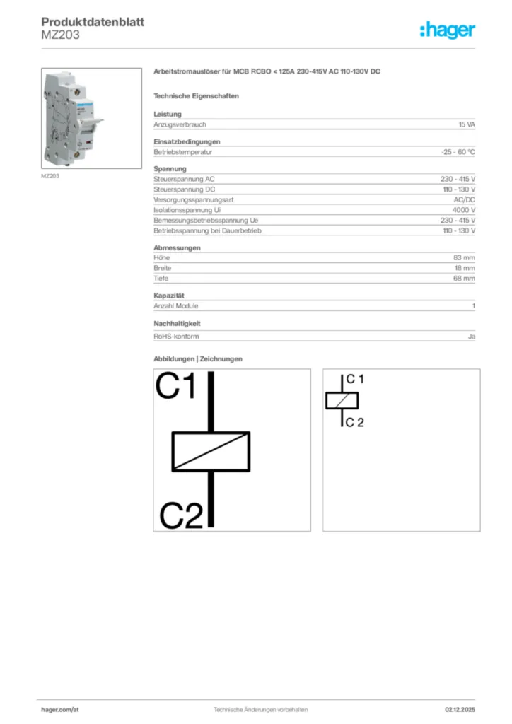 Bild Hager Produktdatenblatt MZ203 | Hager Deutschland