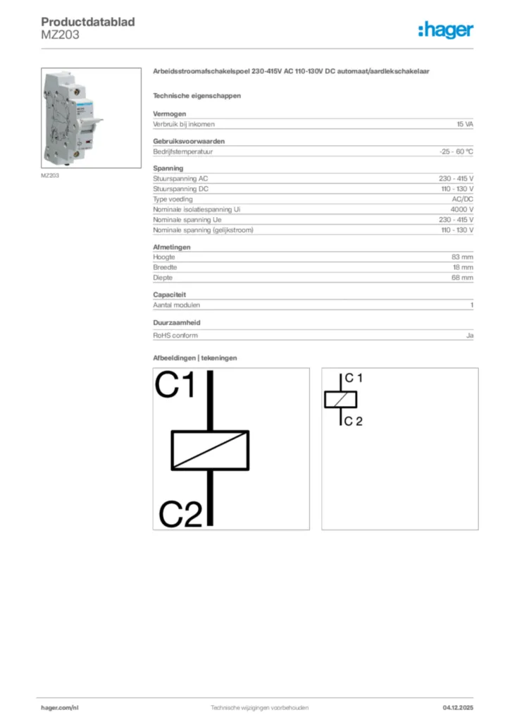Afbeelding Hager Productdatablad MZ203 | Hager Nederland