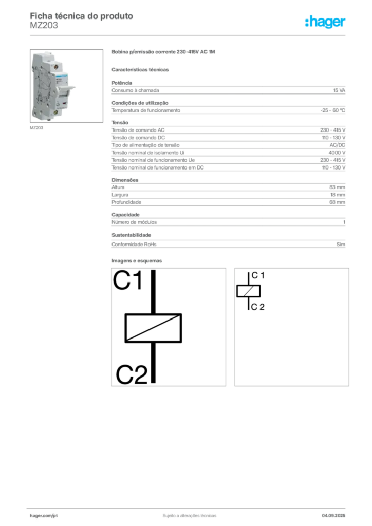 Imagem Hager Ficha técnica do produto MZ203 | Hager Portugal