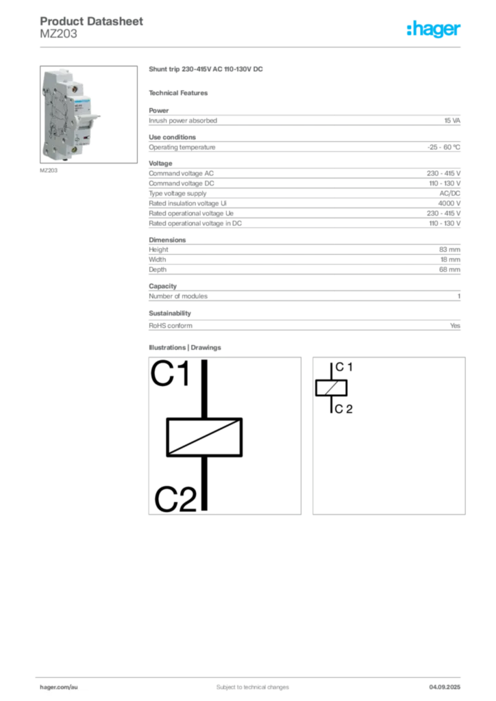 Image Hager Product data sheet MZ203  | Hager Australia