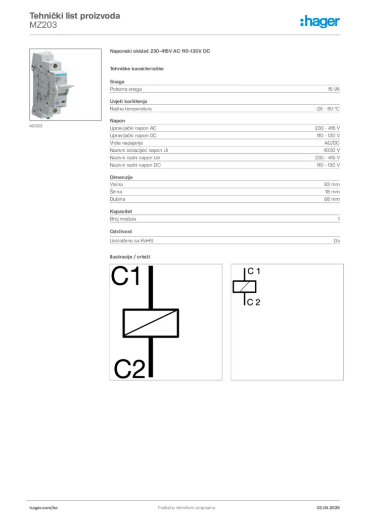 Slika Hager Tehnički list proizvoda MZ203  | Hager