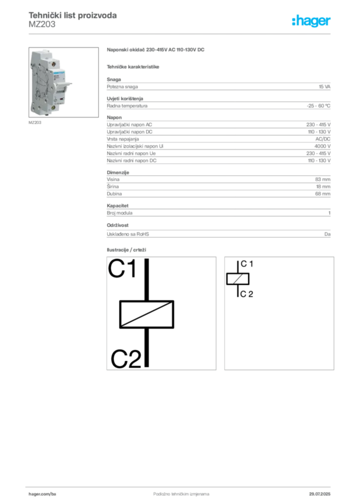 Slika Hager Product data sheet MZ203  | Hager
