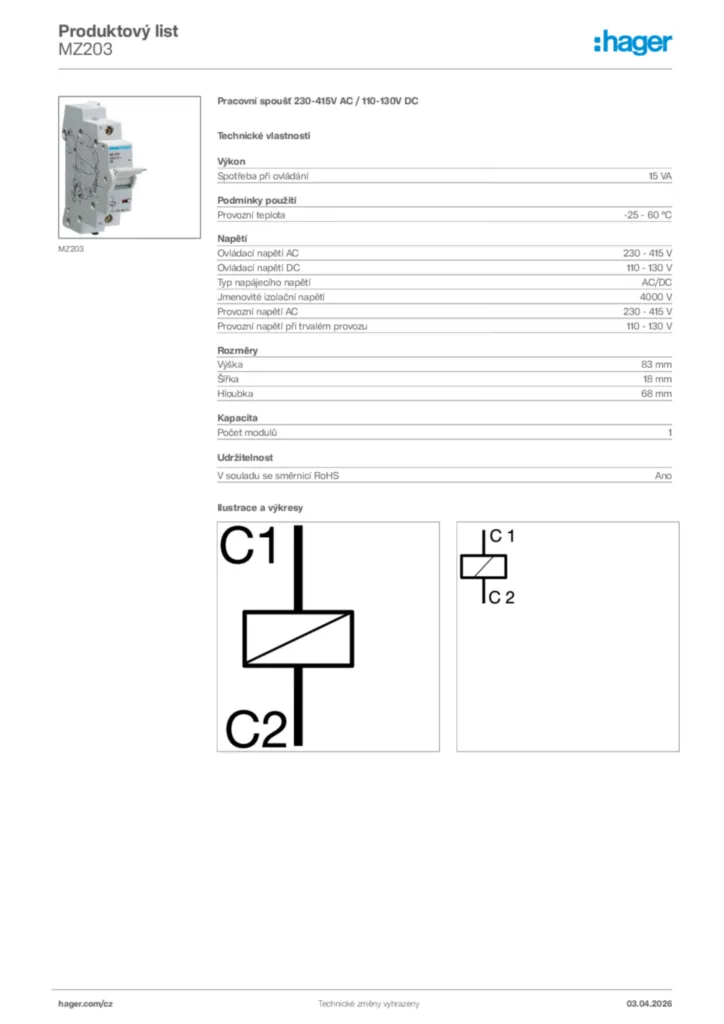 Obrázek Hager Product data sheet MZ203 | Hager