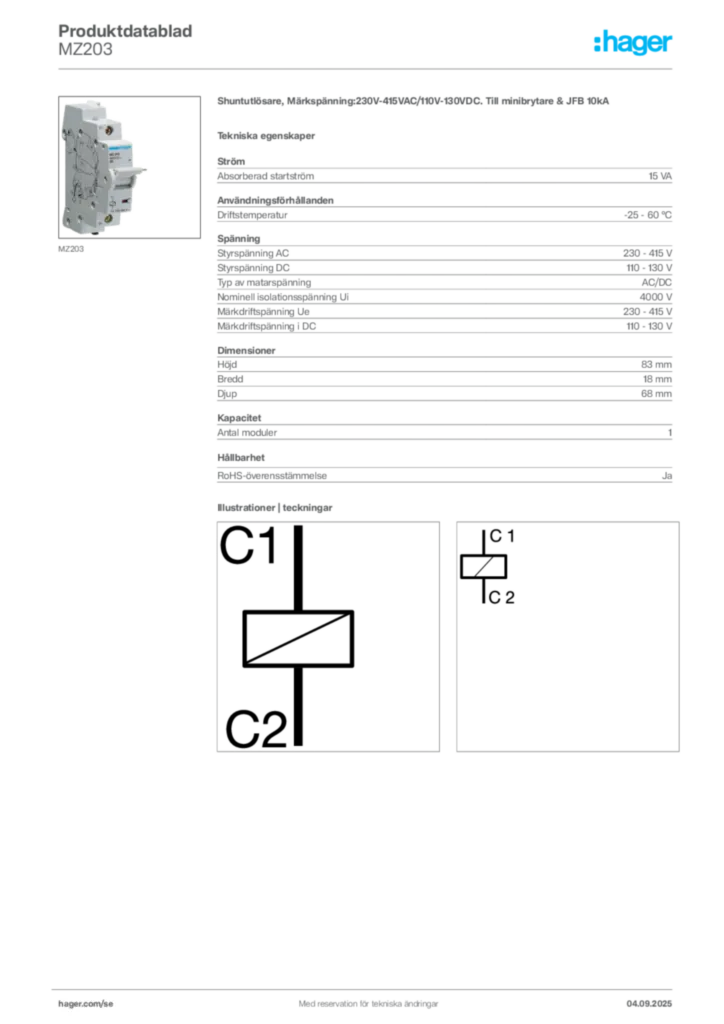 Bild Hager Produktdatablad MZ203 | Hager Sverige