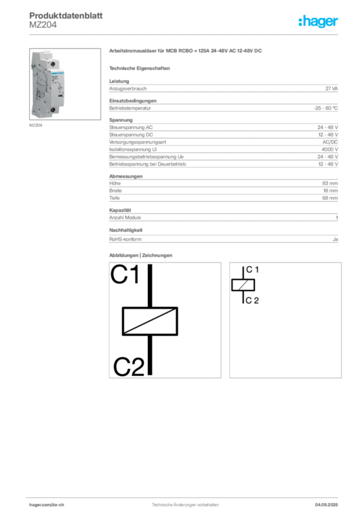 Bild Hager Produktdatenblatt MZ204 | Hager Schweiz