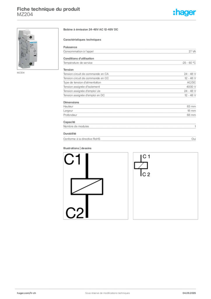Image Hager Fiche technique du produit MZ204 | Hager Suisse