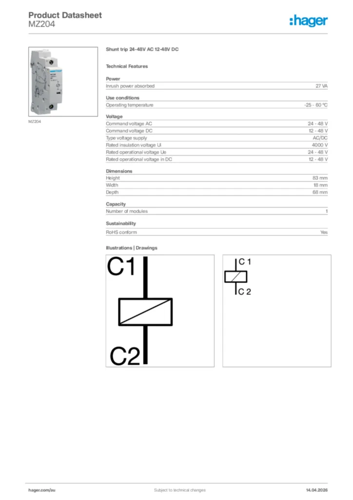 Image Hager Product data sheet MZ204  | Hager Australia