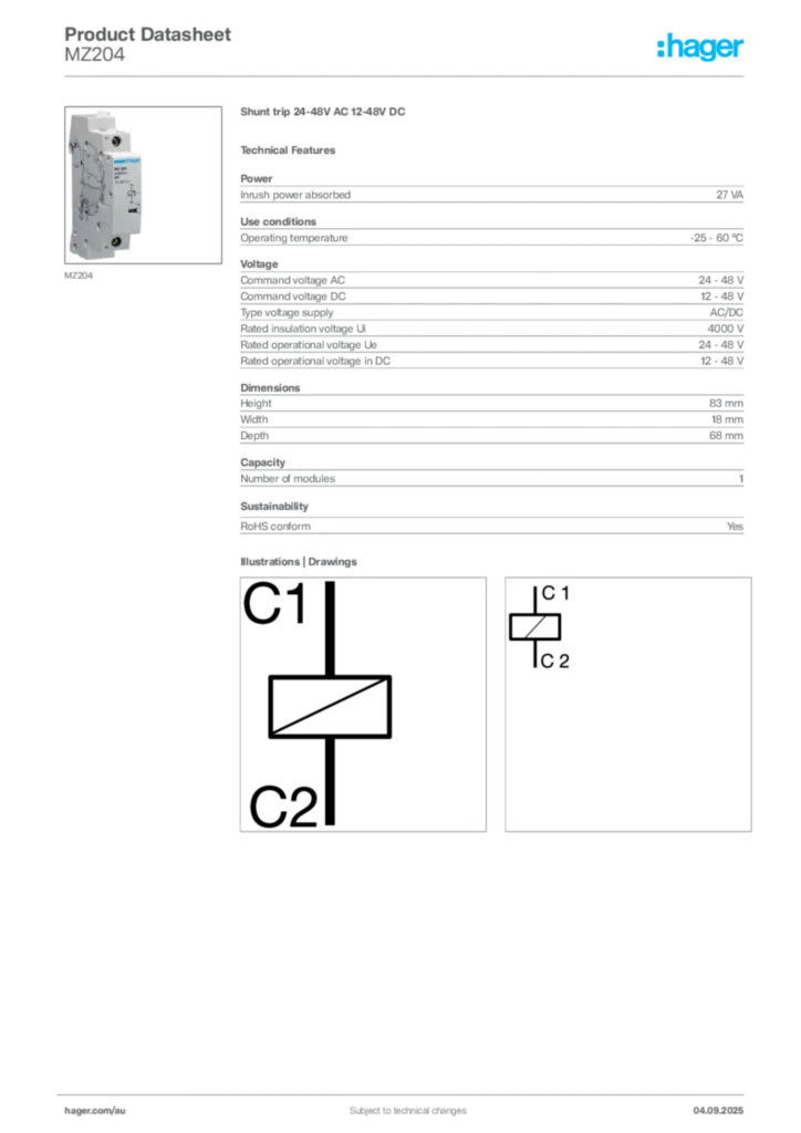 Image Hager Product data sheet MZ204  | Hager Australia