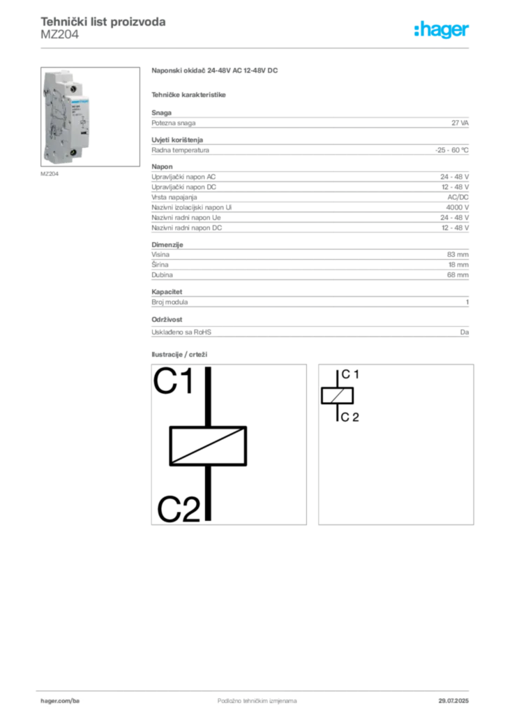 Slika Hager Product data sheet MZ204  | Hager