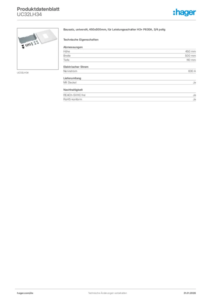 Bild Hager Produktdatenblatt UC32LH34 | Hager Deutschland