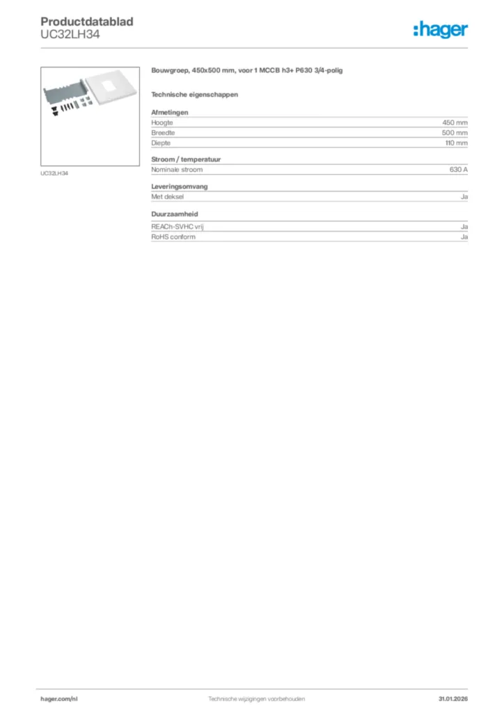 Afbeelding Hager Productdatablad UC32LH34 | Hager Nederland
