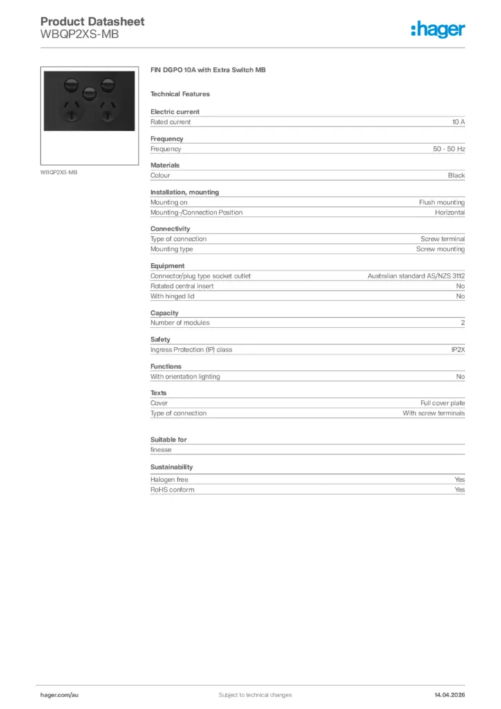Image Hager Product data sheet WBQP2XS-MB  | Hager Australia