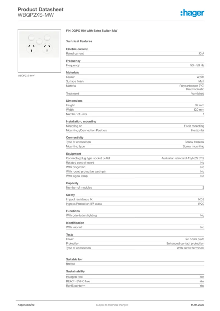 Image Hager Product data sheet WBQP2XS-MW  | Hager New Zealand