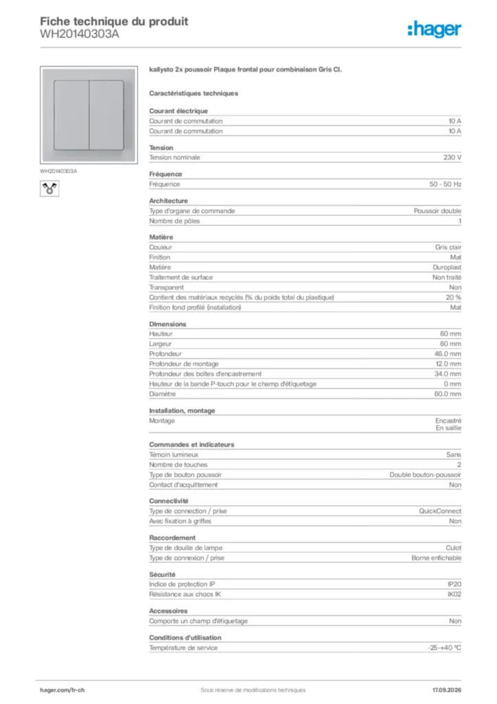 Image Hager Fiche technique du produit WH20140303A | Hager Suisse