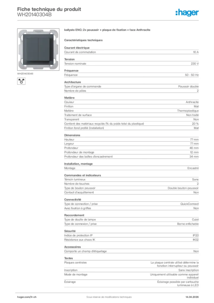 Image Hager Fiche technique du produit WH20140304B | Hager Suisse