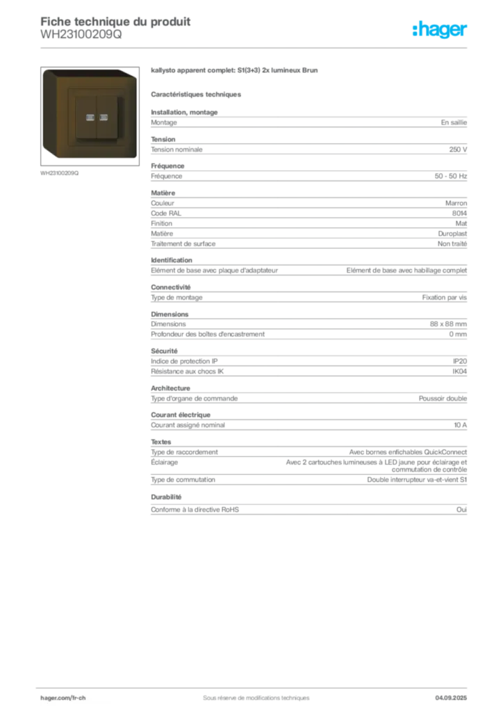 Image Hager Fiche technique du produit WH23100209Q | Hager Suisse